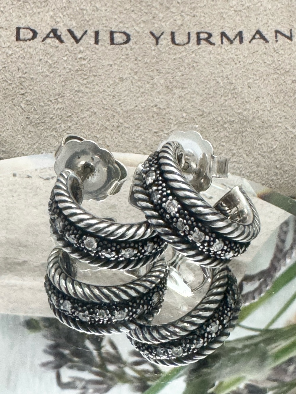 David Yurman Midnight Melange Diamond Semi Hoop Earrings .925/14K
